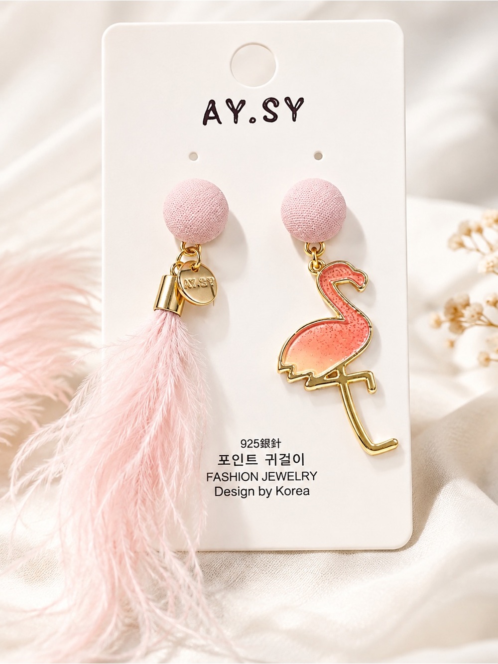 Pink Flamingo Feather Asymmetrical Statement Earrings 925 Silver Post